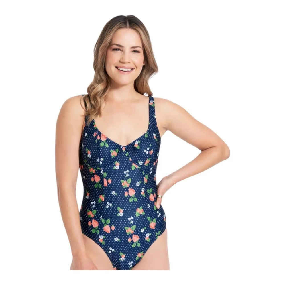 ModCloth Womens Brandy One Piece Swimsuit Underwire Fruity Polka Dot Navy Size M
